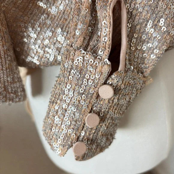 Jonathan Simkhai Sequin Metallic Long Sleeve Tie Neck Champagne Glam Bodysuit XS - Picture 7 of 9